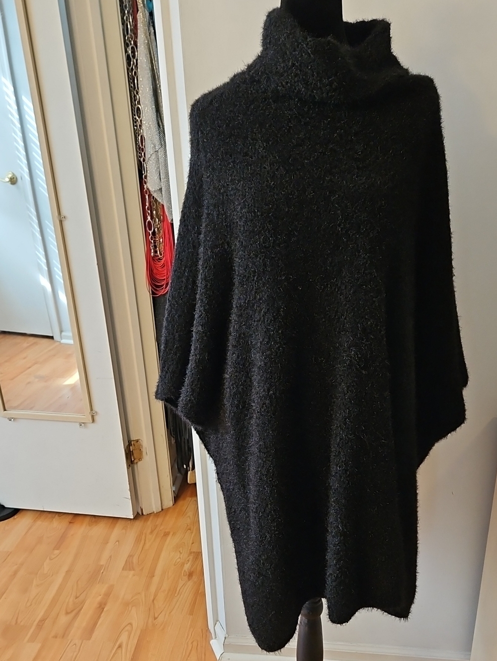 Cejon Black Fuzzy Shaggy Knit Turtleneck Poncho Sweater OSFM